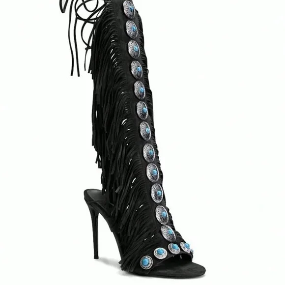 Black Bohemian Women'sGemstone Straps Fringe Detail Knee High Stiletto Boots f - Picture 10 of 10